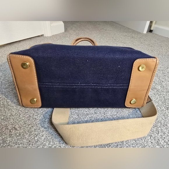 Michael Kors Mercer Large Canvas Leather Concertible Tote Navy Cream Tan - Picture 8 of 16